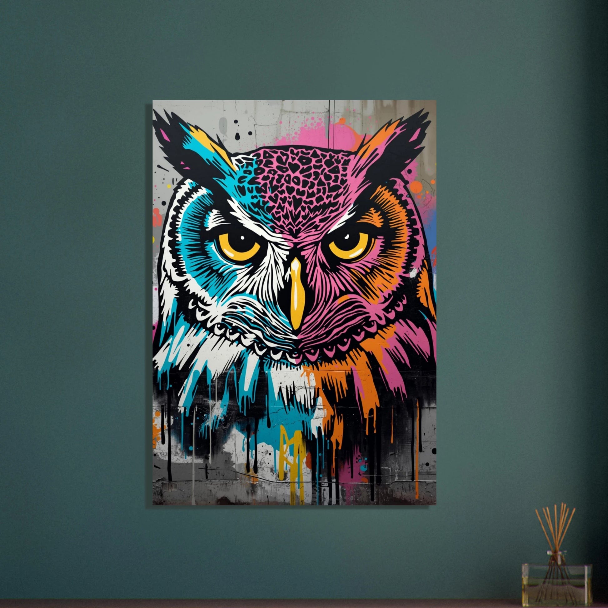 Stiliserad uggla i graffiti-popart med intensiva ögon