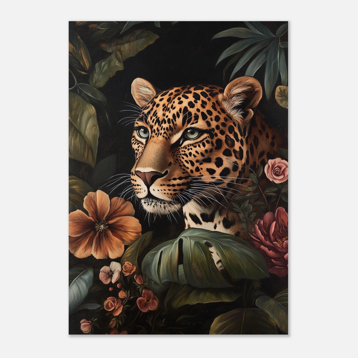 Ståtlig leopard i tät vegetation på vit bakgrund – inramad poster