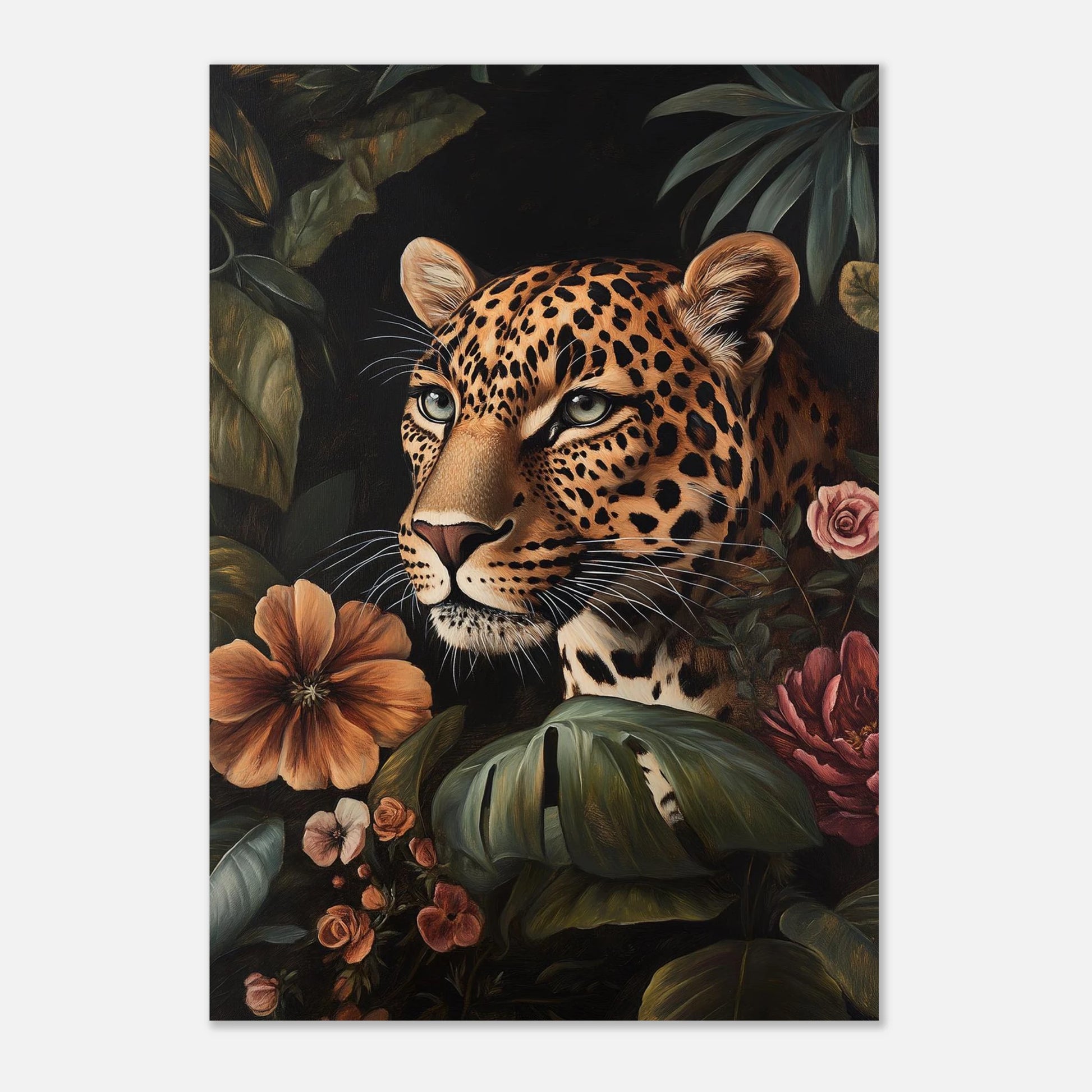 Ståtlig leopard i tät vegetation på vit bakgrund – inramad poster