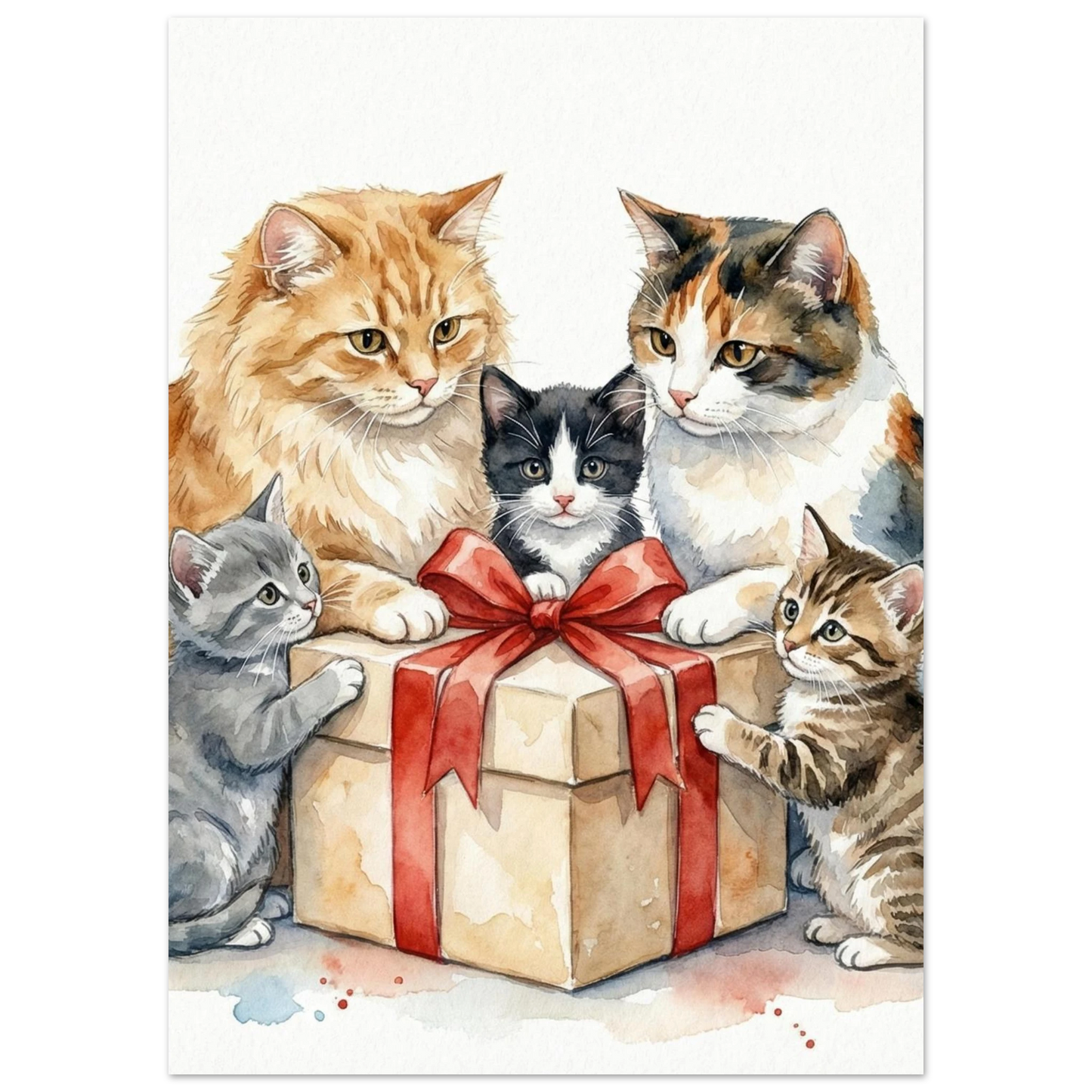Fem katter i olika färger utforskar ett paket, mjuk akvarellillustration