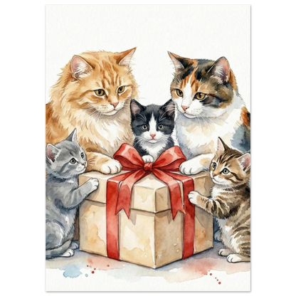 Fem katter i olika färger utforskar ett paket, mjuk akvarellillustration