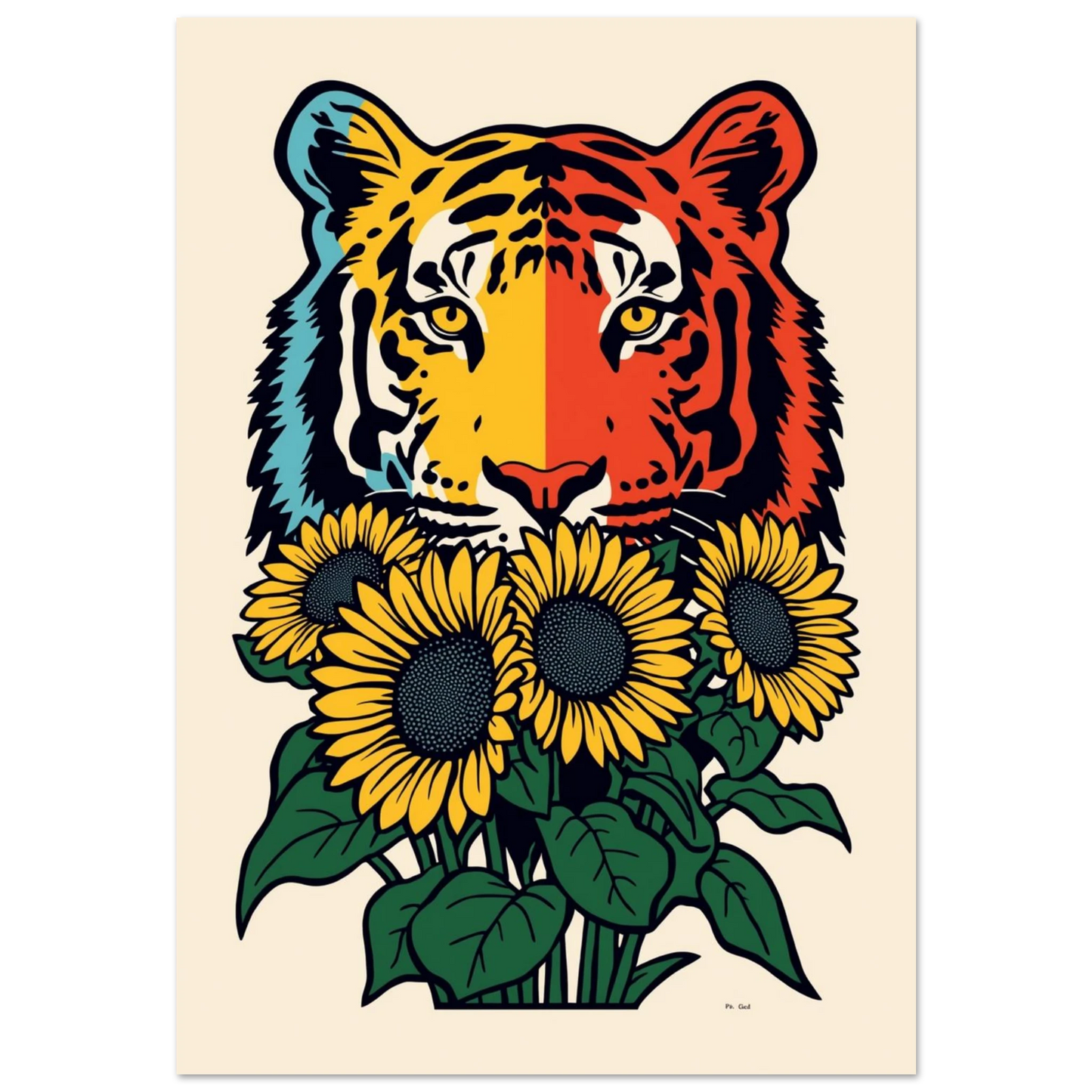 Färgstark tiger med gula solrosor i grafisk pop art-stil