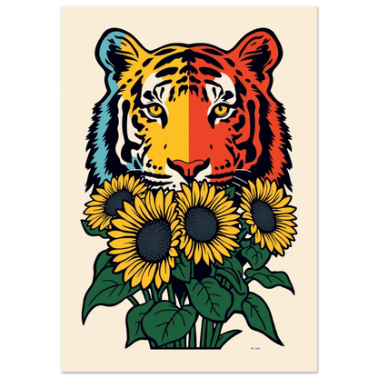 Färgstark tiger med gula solrosor i grafisk pop art-stil