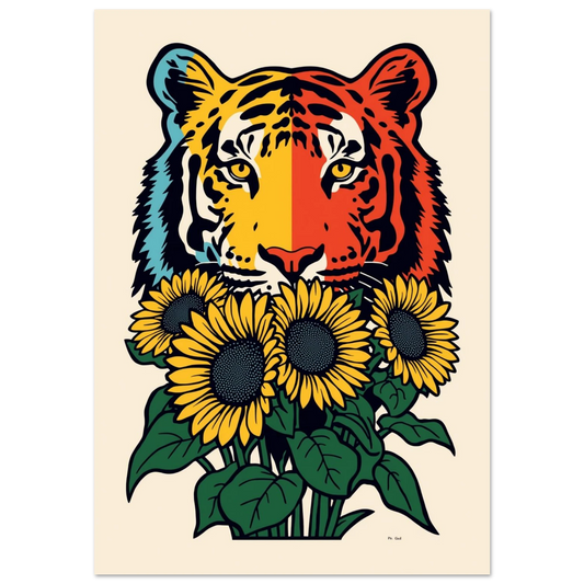 Färgstark tiger med gula solrosor i grafisk pop art-stil