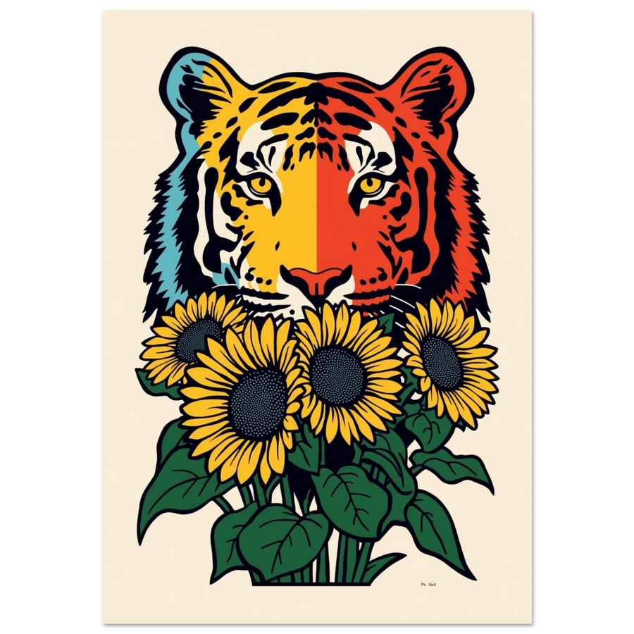 Färgstark tiger med gula solrosor i grafisk pop art-stil