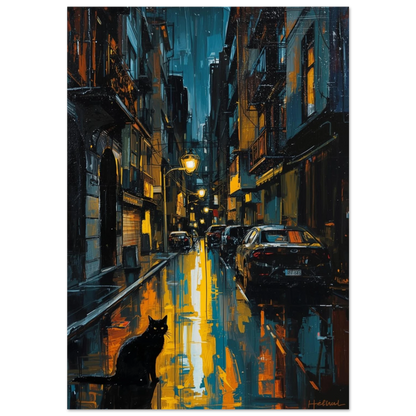 Svart katt på regnig gata med gula ljusreflektioner – expressionistisk djurposter