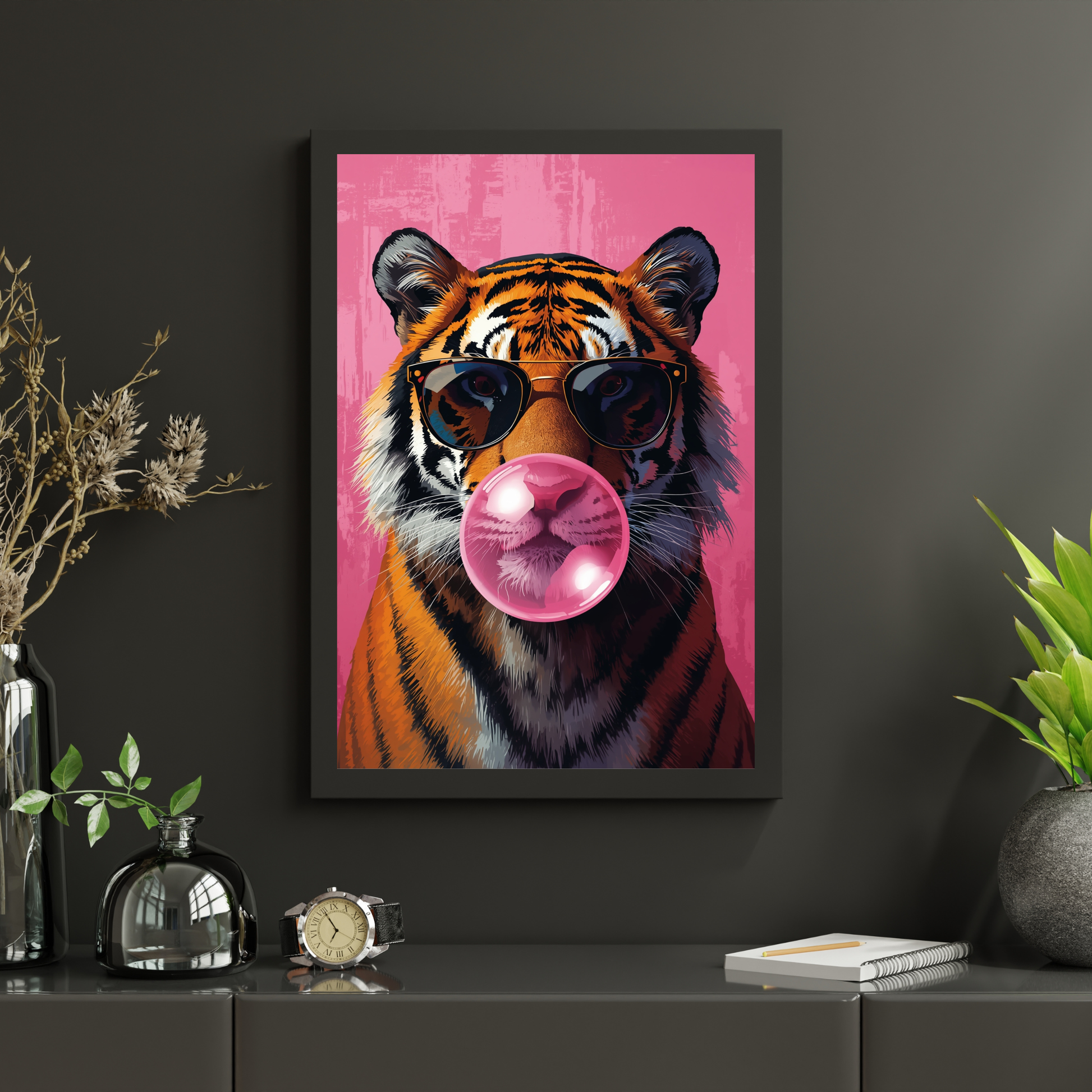 Närbild på popart tiger mot rosa bakgrund – Tecknad poster