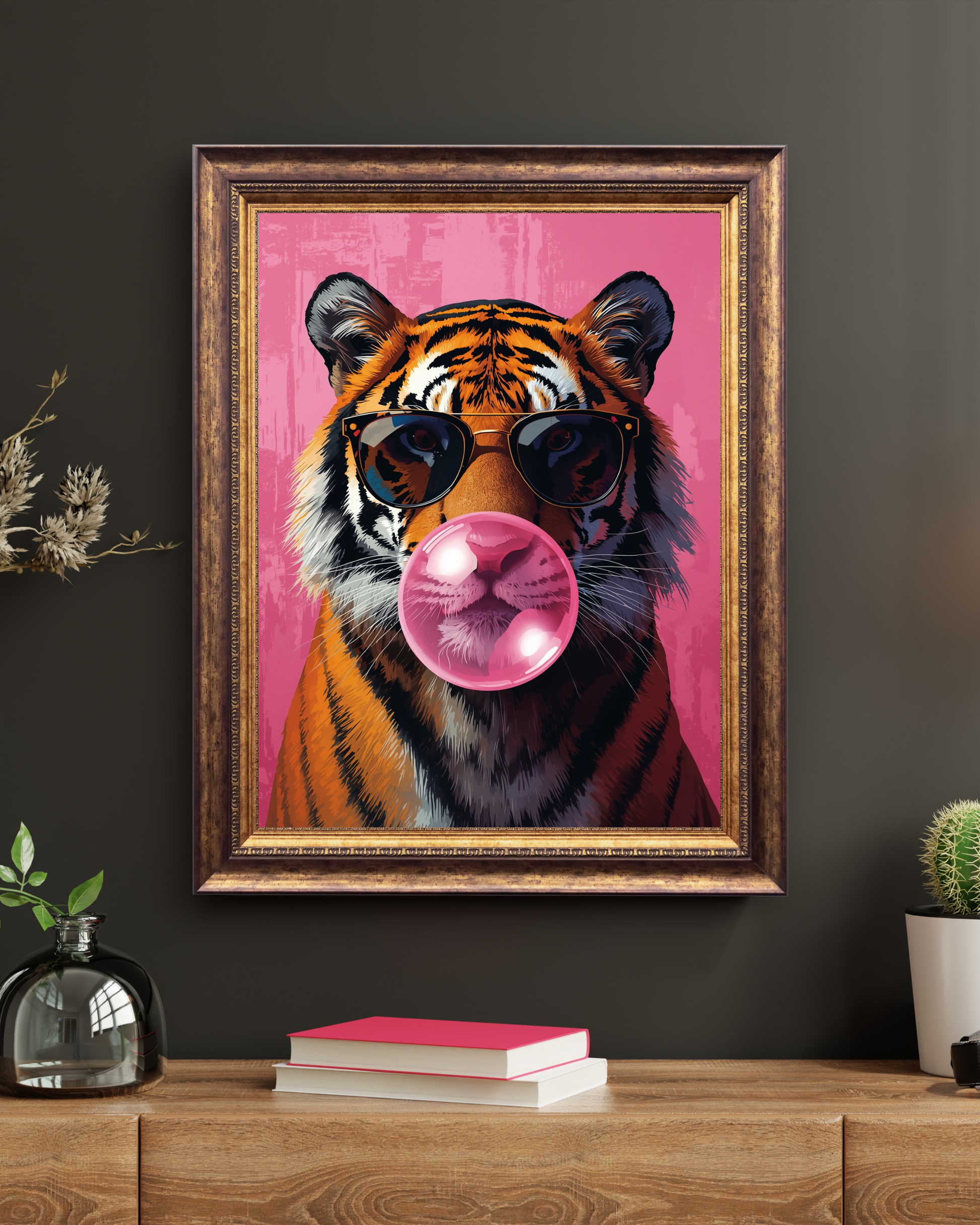 Modern illustration av en cool tiger med bubbelgum – Tecknad poster