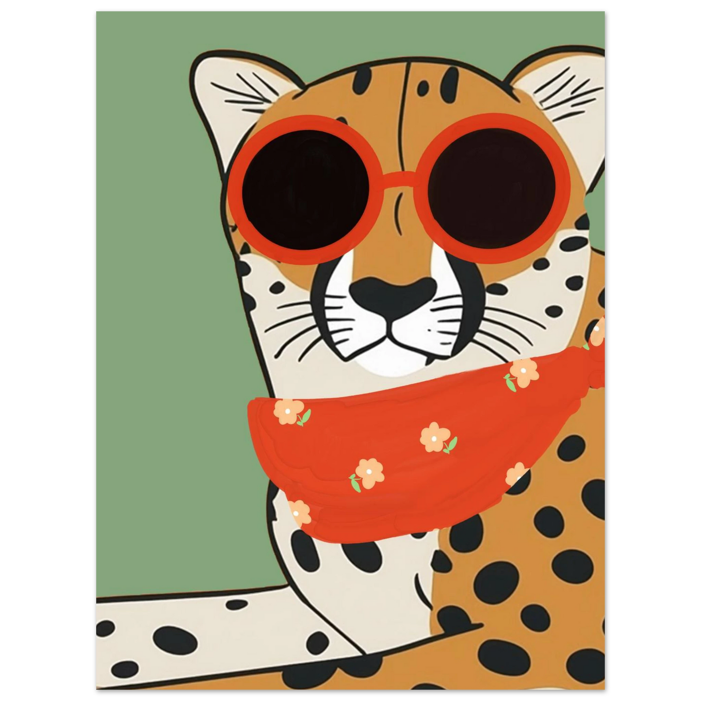 Lekfull djurposter föreställande en gepard med röd scarf och glasögon