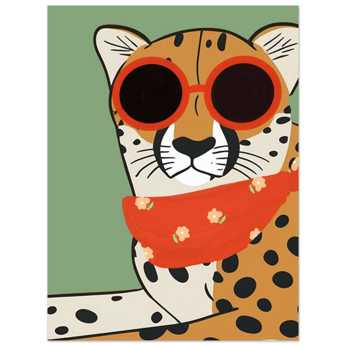 Lekfull djurposter föreställande en gepard med röd scarf och glasögon