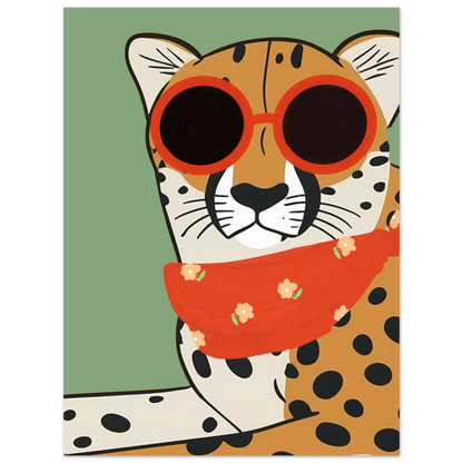 Lekfull djurposter föreställande en gepard med röd scarf och glasögon
