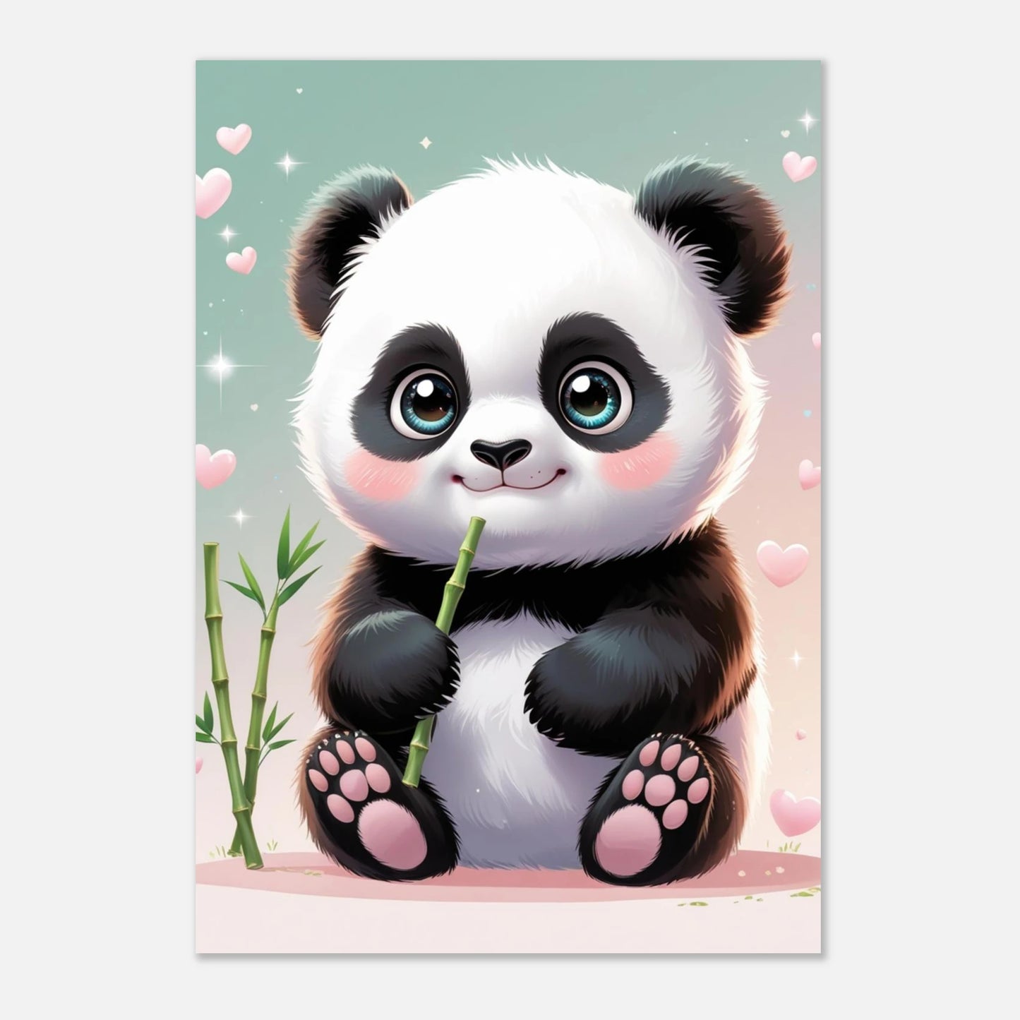 Väggkonst med en lycklig panda omgiven av svävande rosa hjärtan