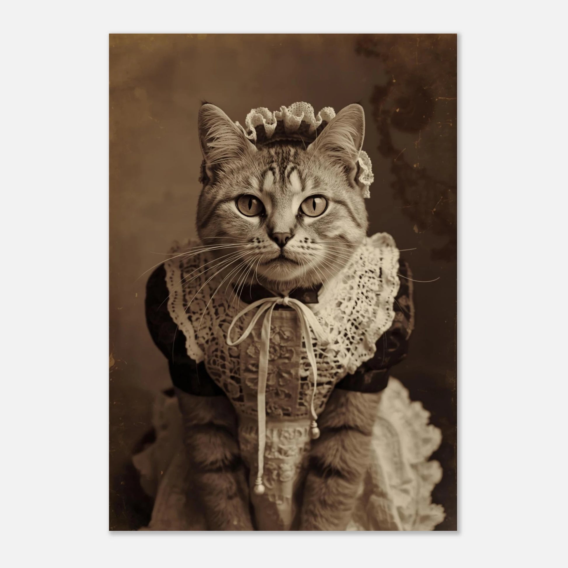 Vintageinspirerad poster av katt i spetsklädnad med klassiskt fotomanér