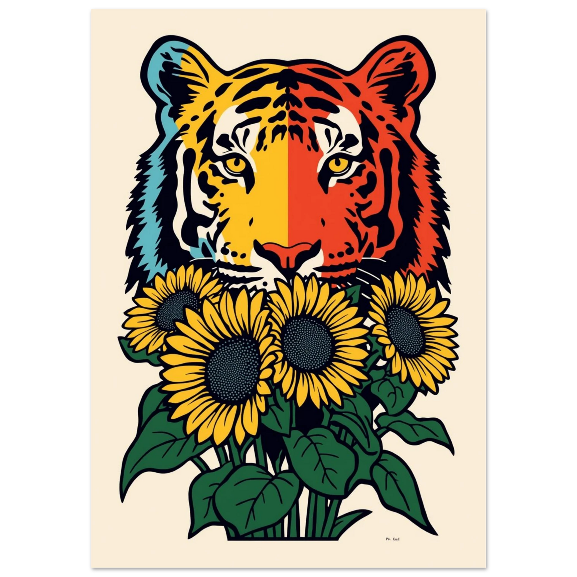 Konstnärlig illustration av tiger med rödgula nyanser och vackra solrosor