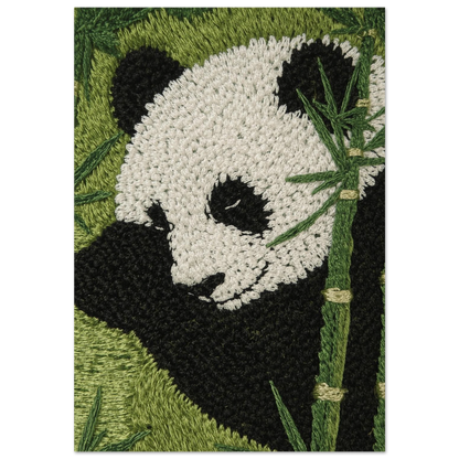 Närbild på broderad panda i grön bambu – taktil djurposter