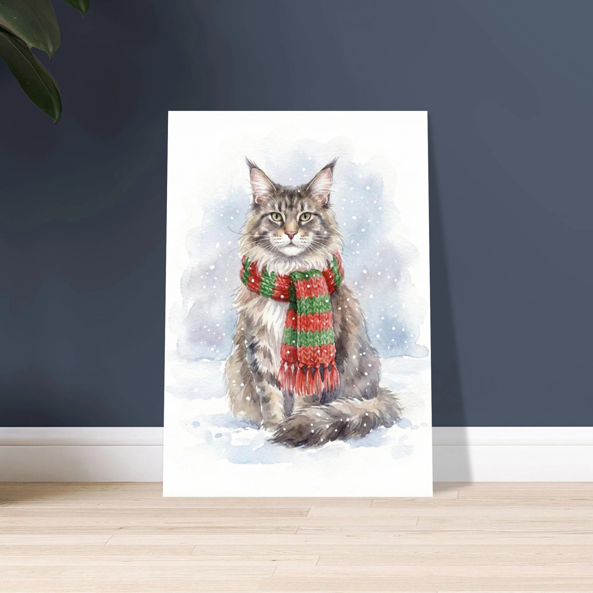 Kattansikte i akvarell med snöflinga på nosen, lugn stämning