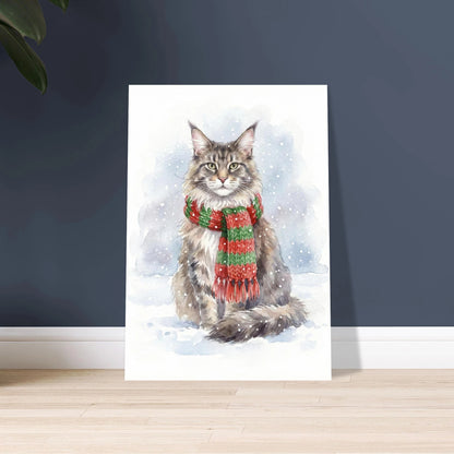 Kattansikte i akvarell med snöflinga på nosen, lugn stämning