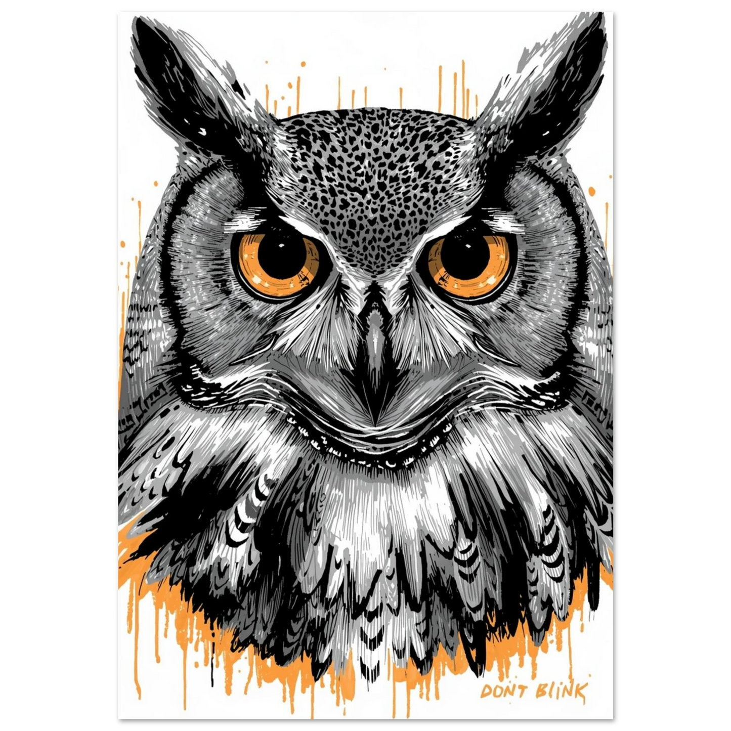 Intensiv uggleblick med orange ögon – grafisk illustration i svartvitt