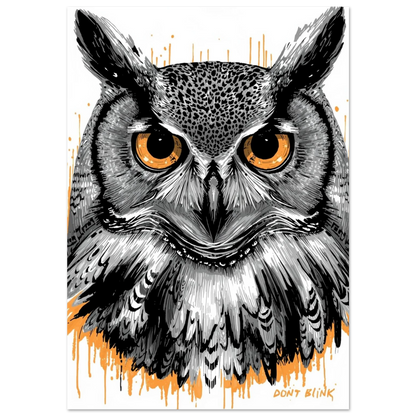 Intensiv uggleblick med orange ögon – grafisk illustration i svartvitt