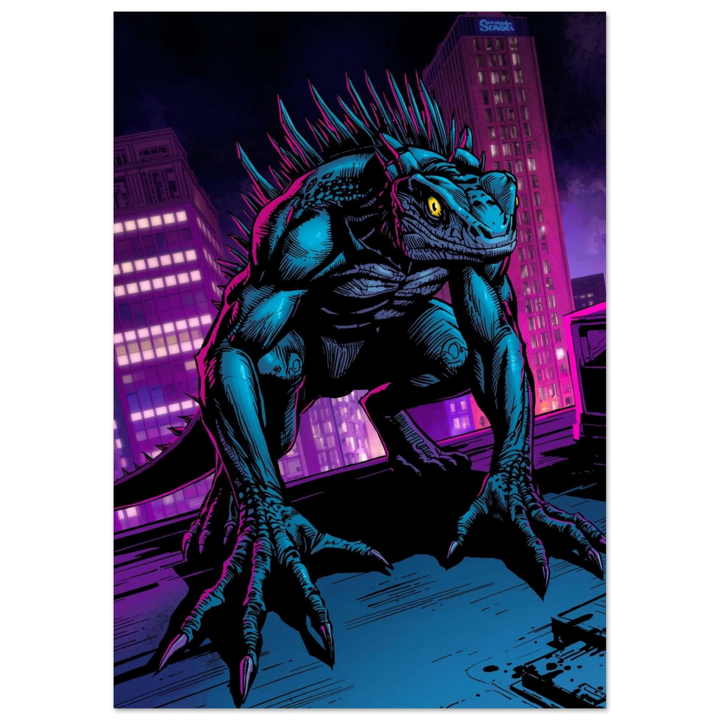 Detaljerad sci-fi poster med en taggig reptilvarelse i urban miljö