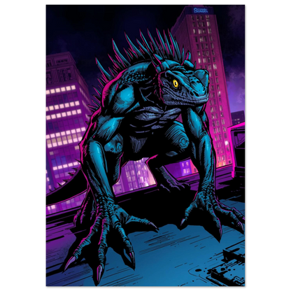 Detaljerad sci-fi poster med en taggig reptilvarelse i urban miljö