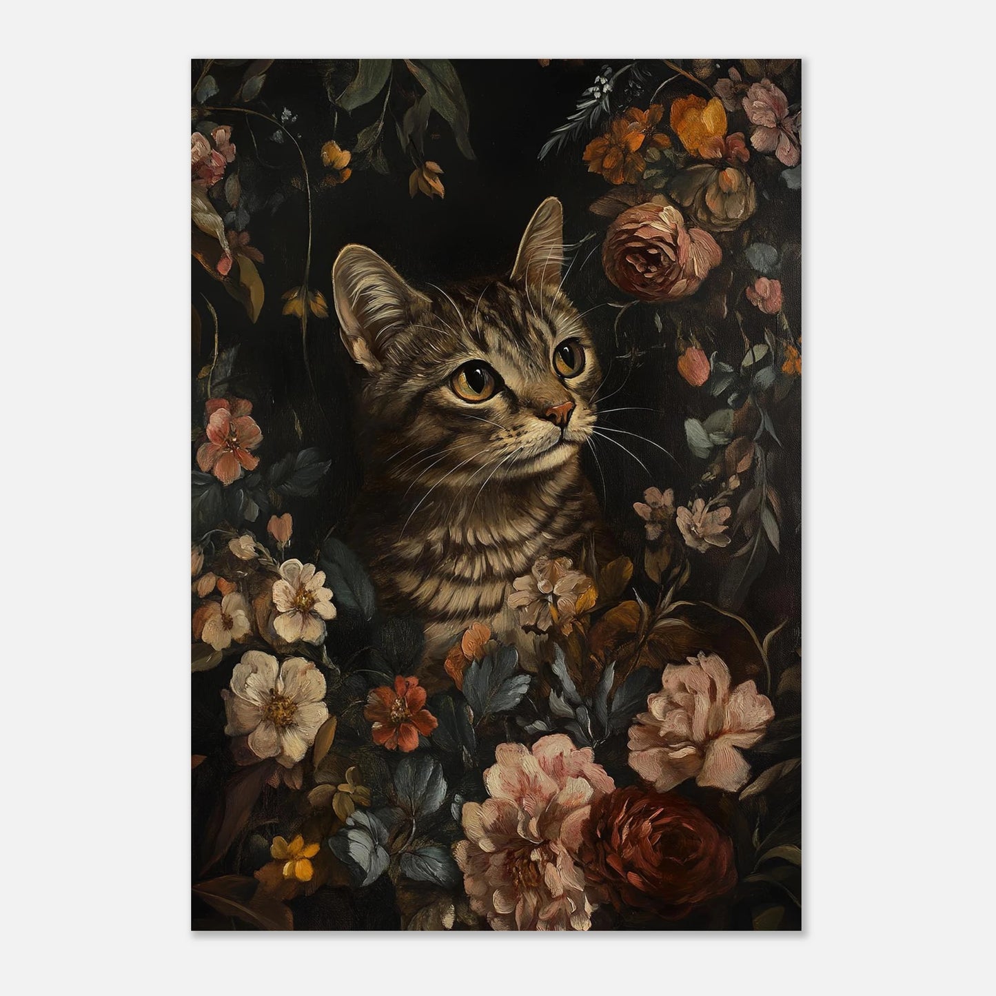 Oljemålad djurposter föreställande en katt i en drömsk blomsterdröm