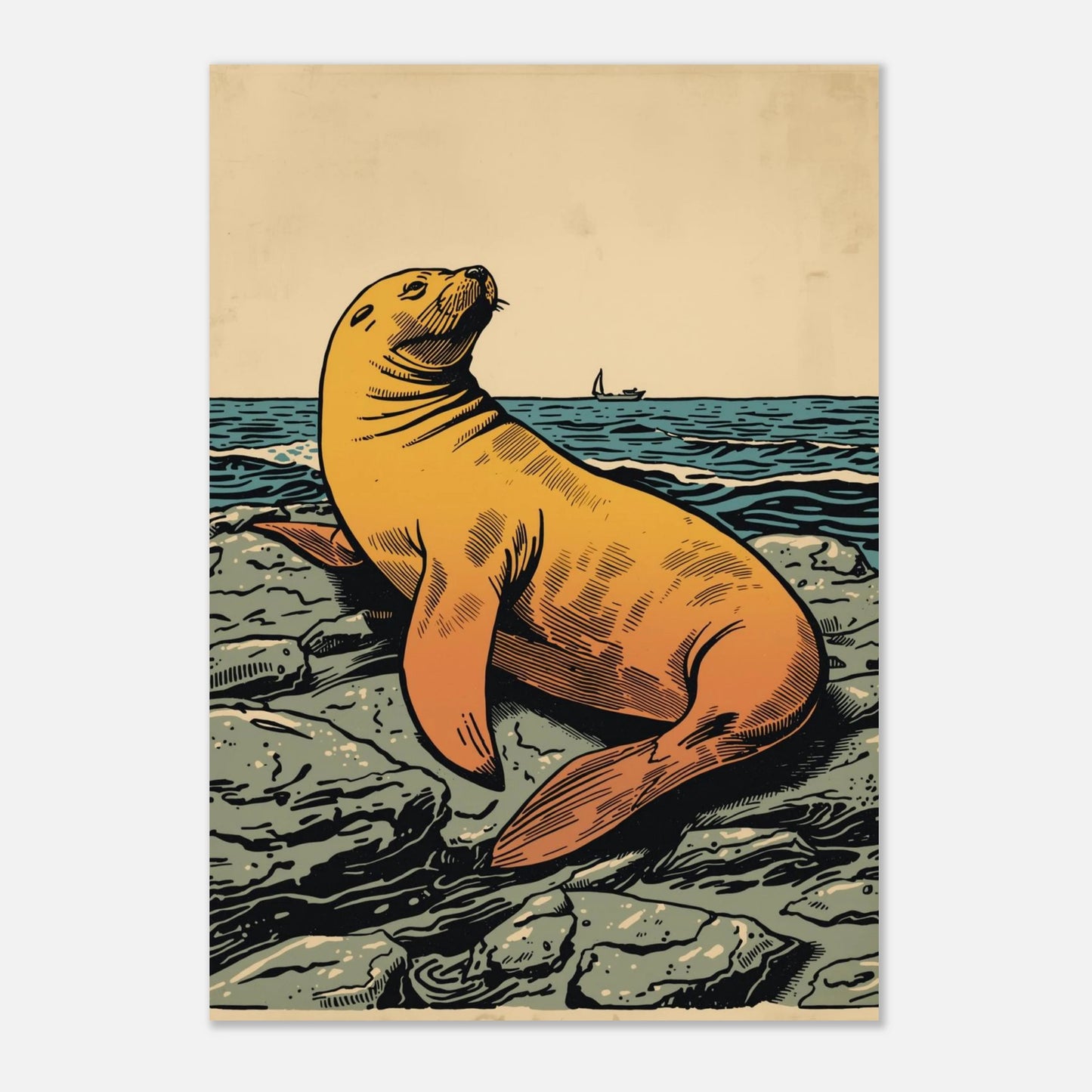Stiliserad tavla av ett sjölejon vid kusten i klassisk linjekonst