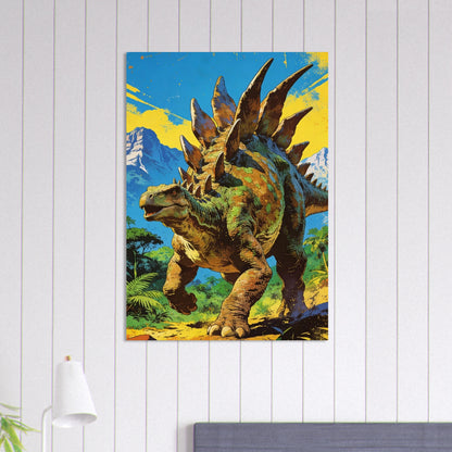 Stegosaurus poster i retrostil hängande på en vit vägg över en säng