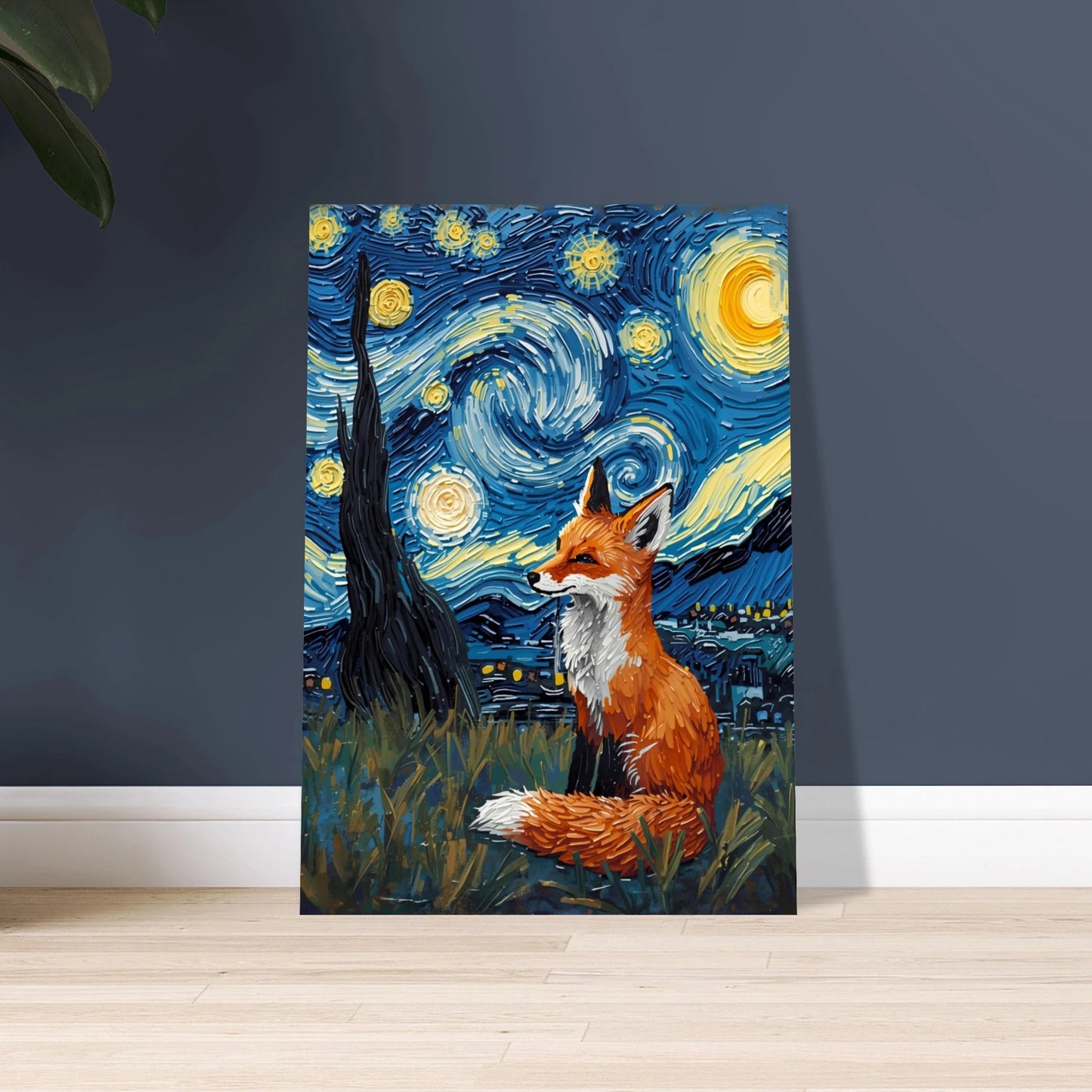Räv i Van Gogh-inspirerat nattlandskap med virvlande stjärnhimmel