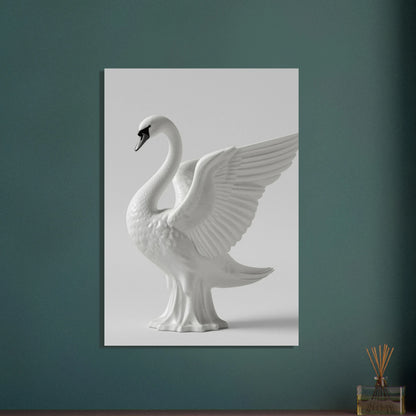 Marmorsvan med utsträckta vingar, symboliserar elegans och tidlös skönhet.