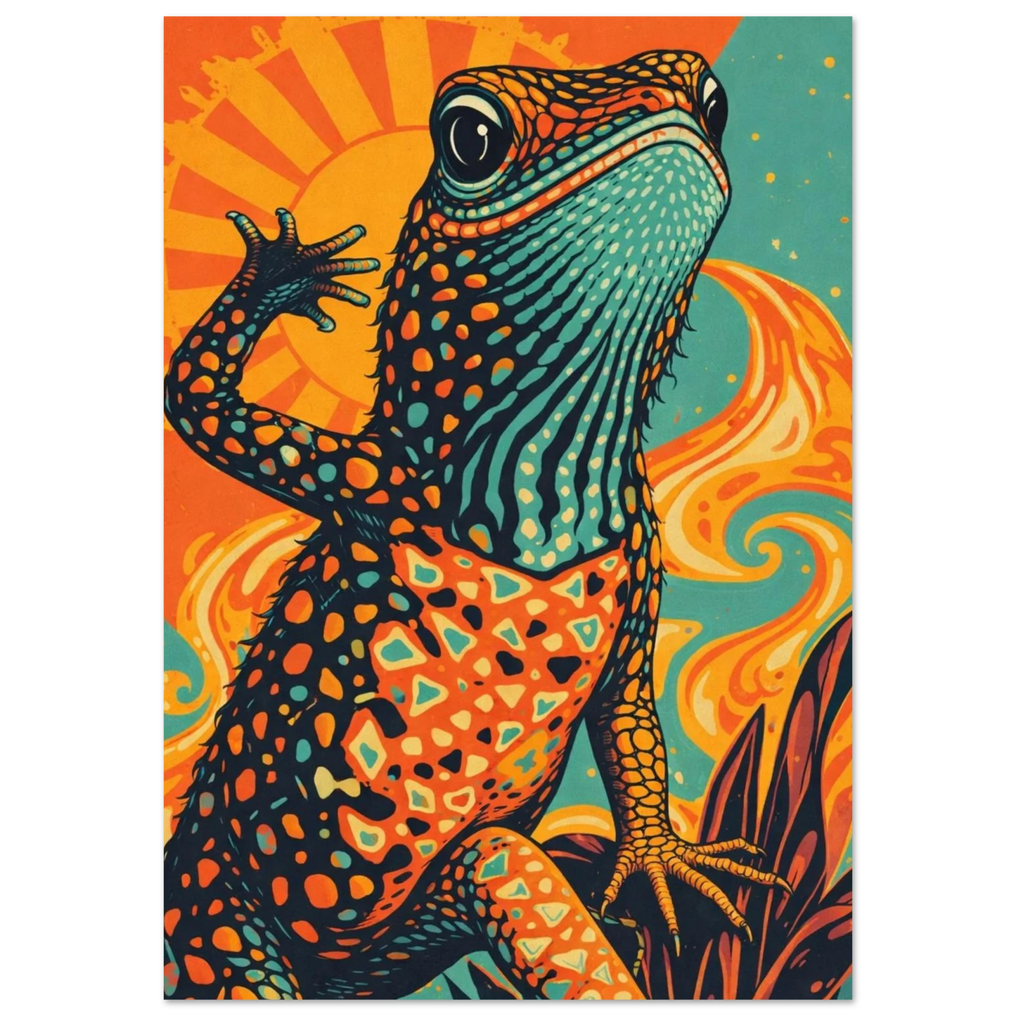 Färgglad ödla med psykedeliska mönster och sol i bakgrunden – Retro poster