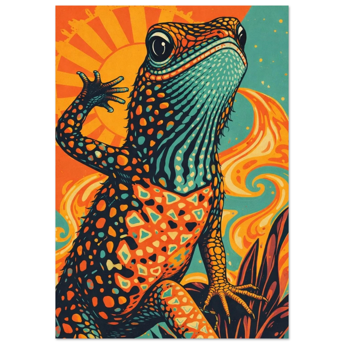 Färgglad ödla med psykedeliska mönster och sol i bakgrunden – Retro poster