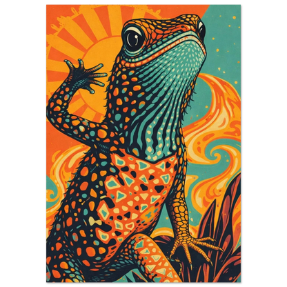 Färgglad ödla med psykedeliska mönster och sol i bakgrunden – Retro poster