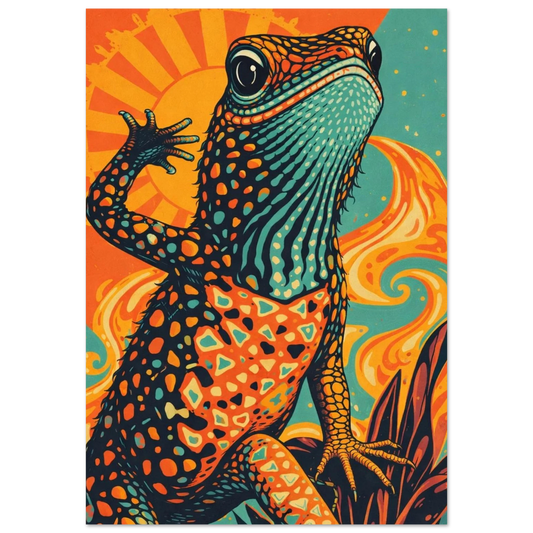 Färgglad ödla med psykedeliska mönster och sol i bakgrunden – Retro poster