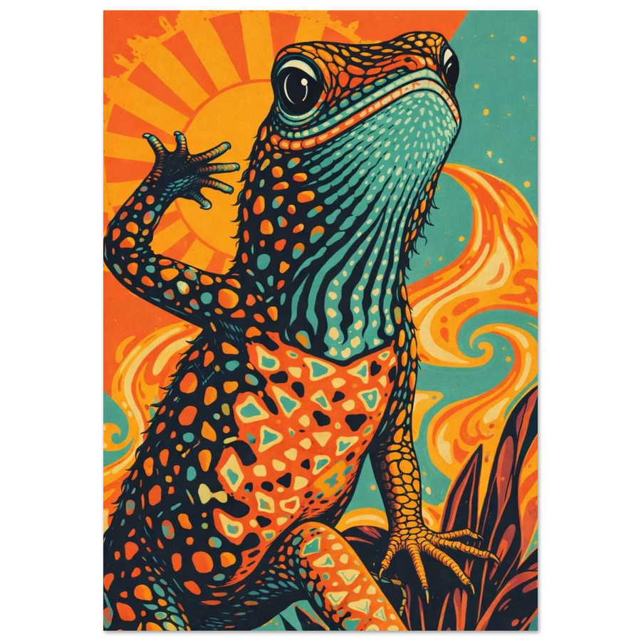 Färgglad ödla med psykedeliska mönster och sol i bakgrunden – Retro poster