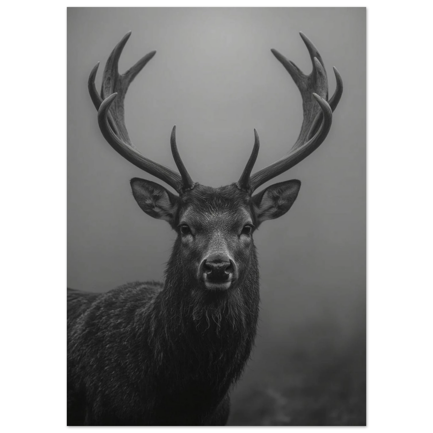 Närbild på en kronhjort i dimma, svartvit bild – Fotorealistisk poster