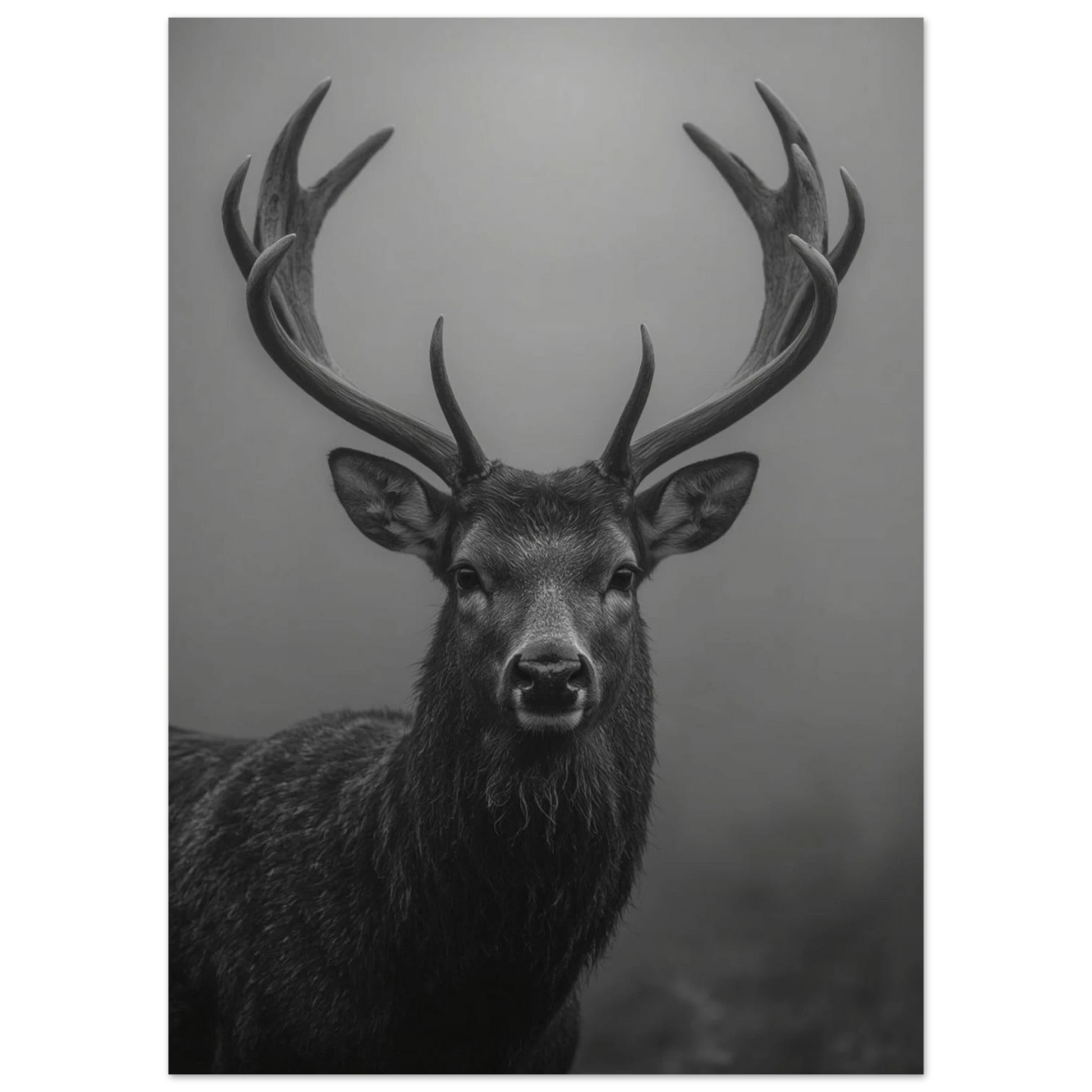 Närbild på en kronhjort i dimma, svartvit bild – Fotorealistisk poster