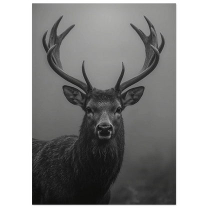 Närbild på en kronhjort i dimma, svartvit bild – Fotorealistisk poster