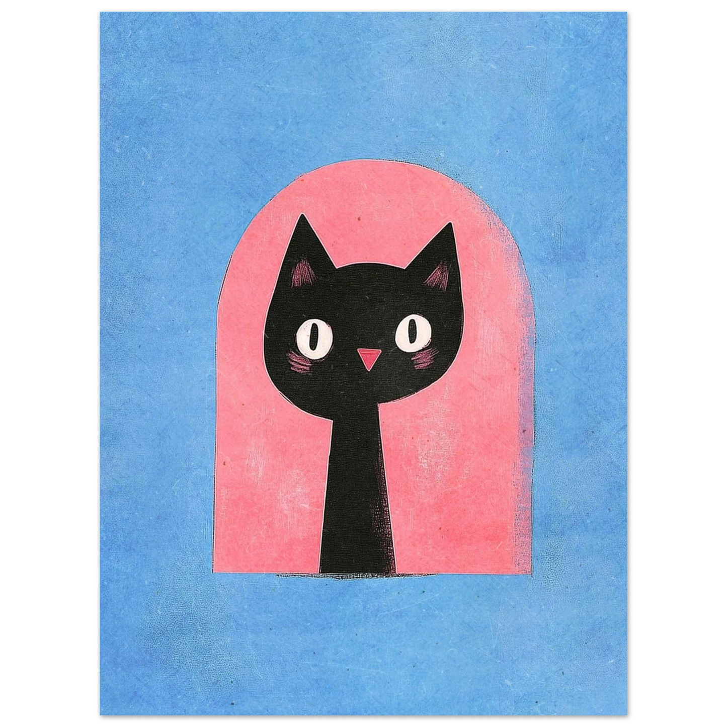 Svart katt i ett rosa valv med blå texturerad bakgrund