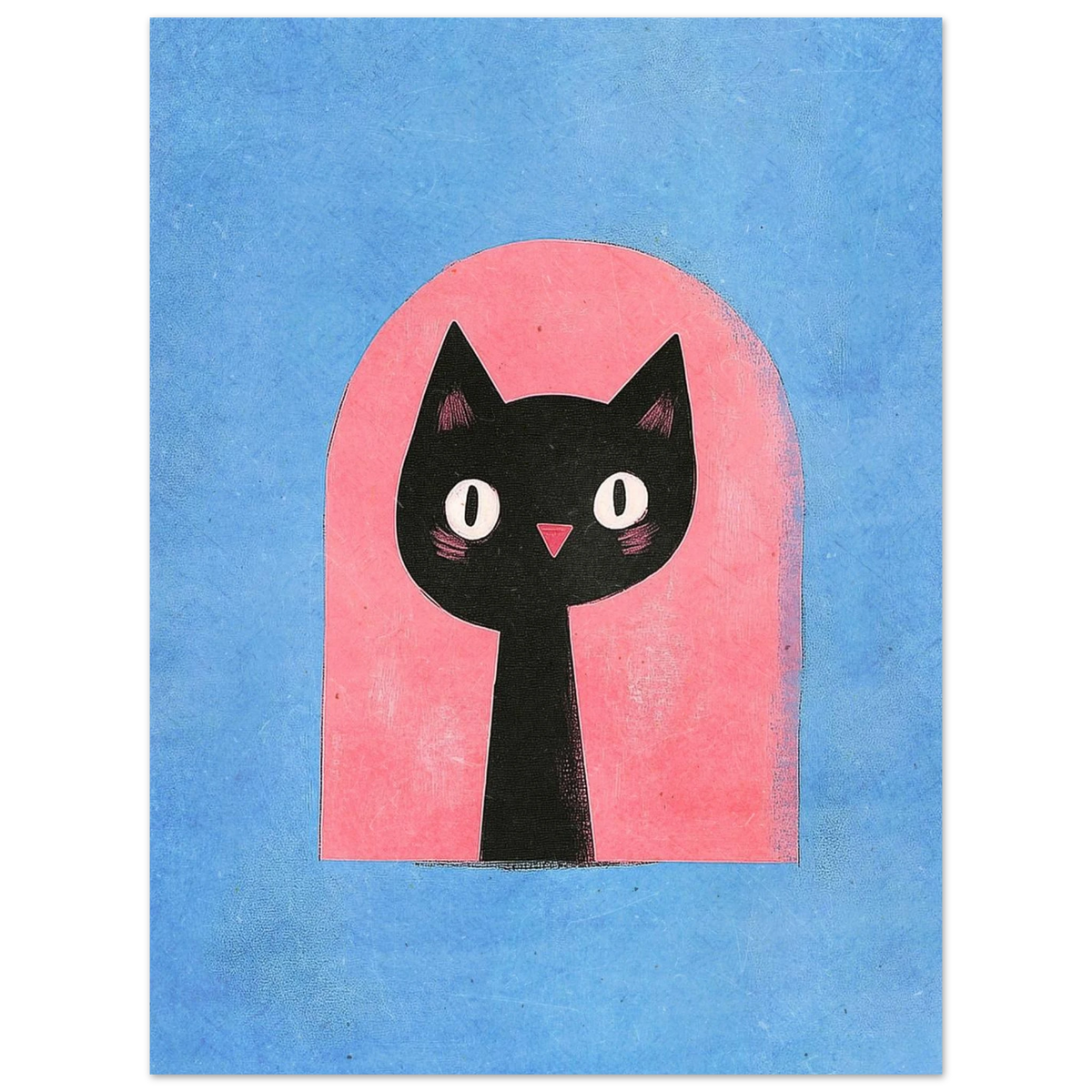 Svart katt i ett rosa valv med blå texturerad bakgrund