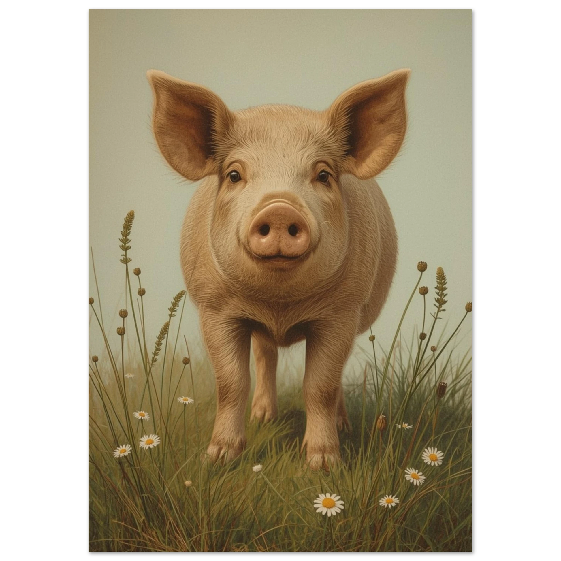 Gris i gräs med små blommor, nära bild – Målad poster