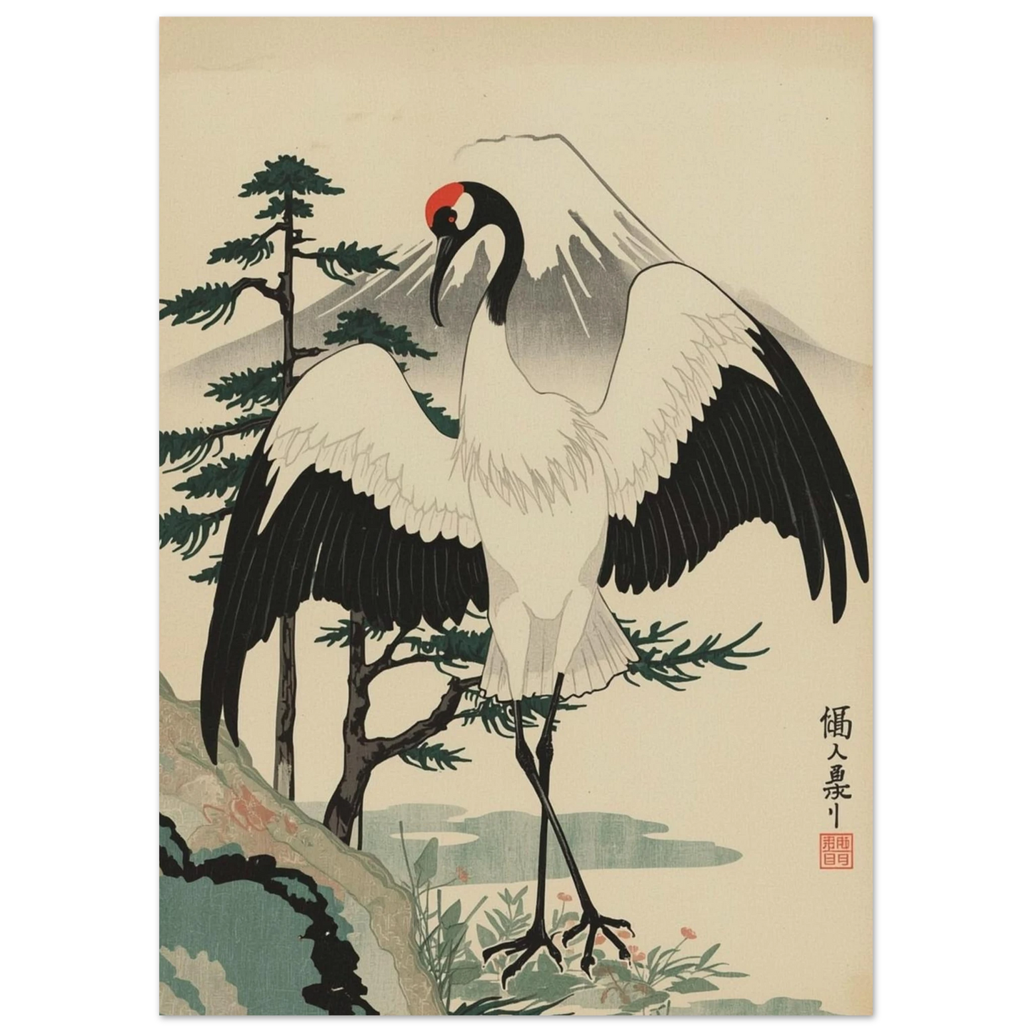 Krontrana i traditionell japansk stil mot bergigt landskap – konstnärligt djurmotiv