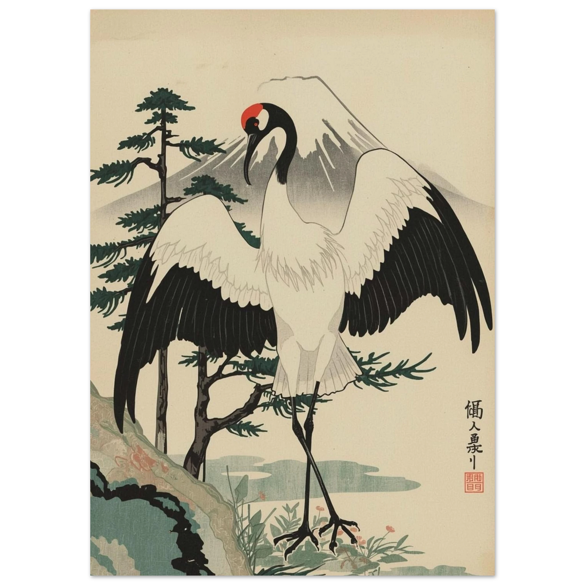 Krontrana i traditionell japansk stil mot bergigt landskap – konstnärligt djurmotiv