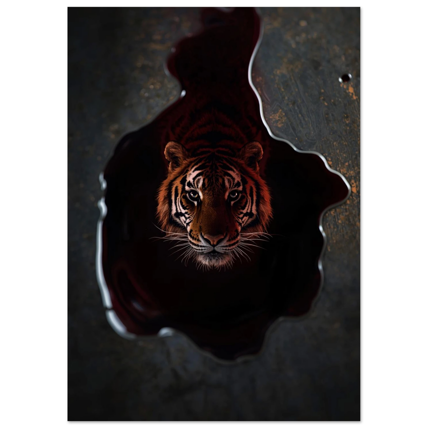 Konstnärligt tigermotiv som stiger ur en speglande yta, mörk tavla