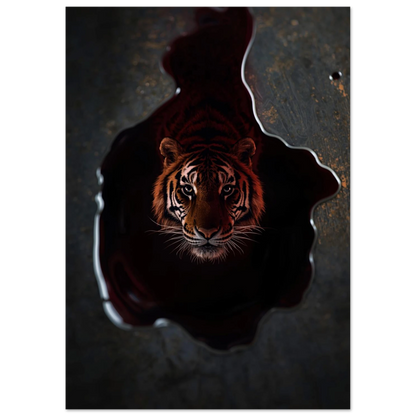 Konstnärligt tigermotiv som stiger ur en speglande yta, mörk tavla