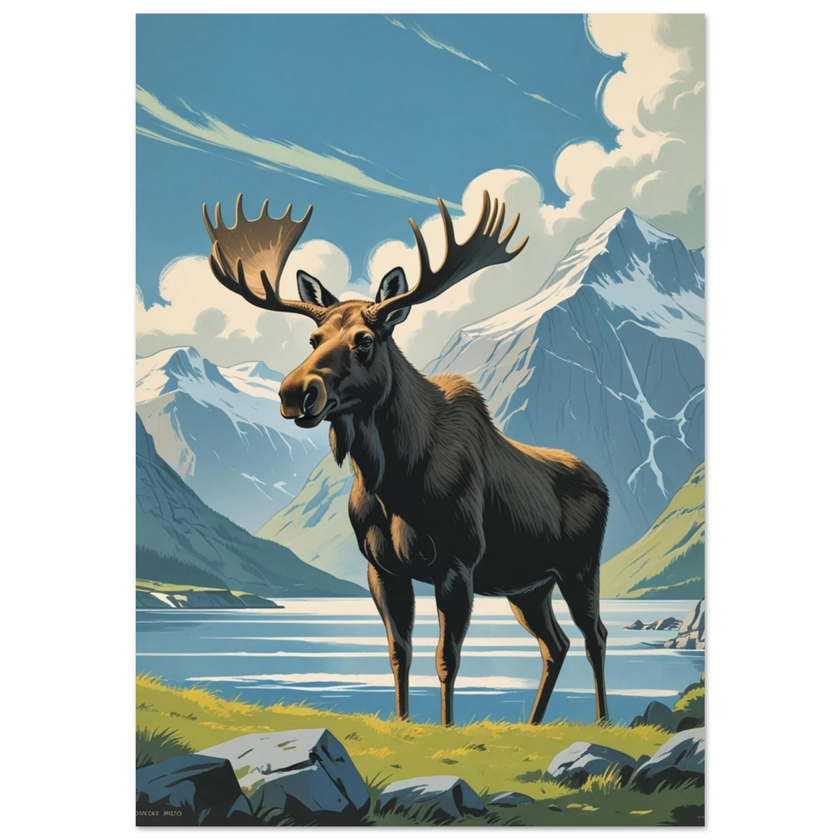 Ståtlig älg med stora horn vid fjällsjö – grafisk naturposter