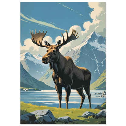 Ståtlig älg med stora horn vid fjällsjö – grafisk naturposter