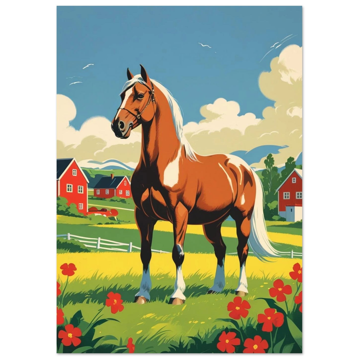 Lantlig hästposter i vintage reseaffisch-stil med blå himmel och moln