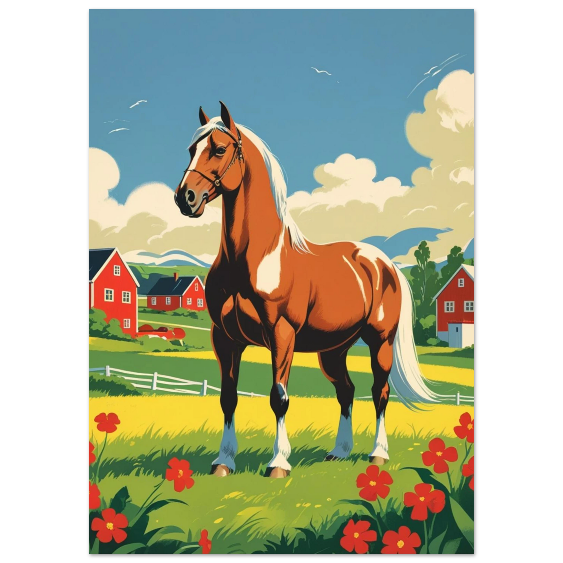 Lantlig hästposter i vintage reseaffisch-stil med blå himmel och moln