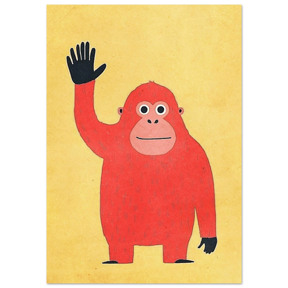 Vinkande röd orangutang på gul bakgrund, lekfull illustration för barnrum